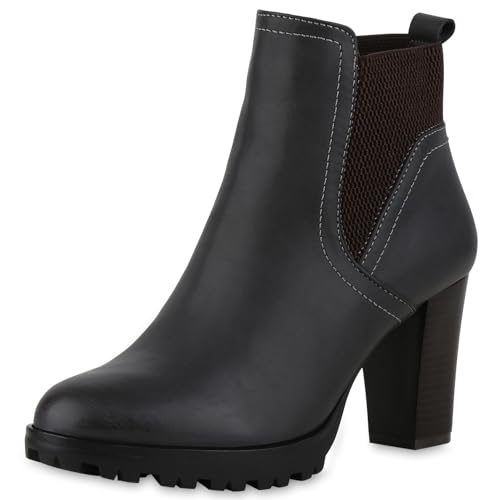 Gefütterte Chelsea Boots Damen Block Absatz Stiefeletten 123532 Grau Bernice 36 Flandell von stiefelparadies