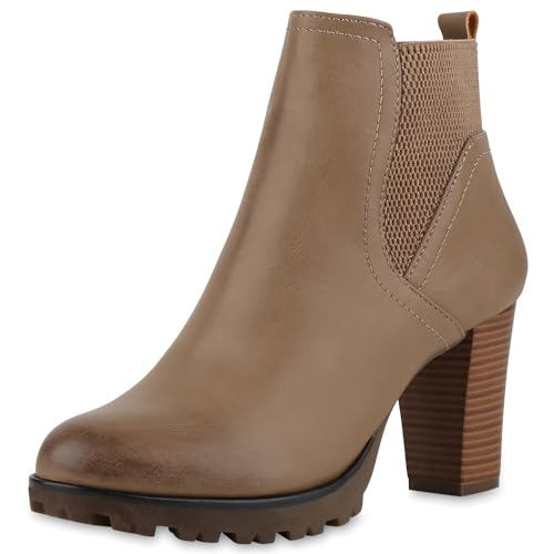 Gefütterte Chelsea Boots Damen Block Absatz Stiefeletten 153135 Khaki Bernice 36 Flandell von stiefelparadies