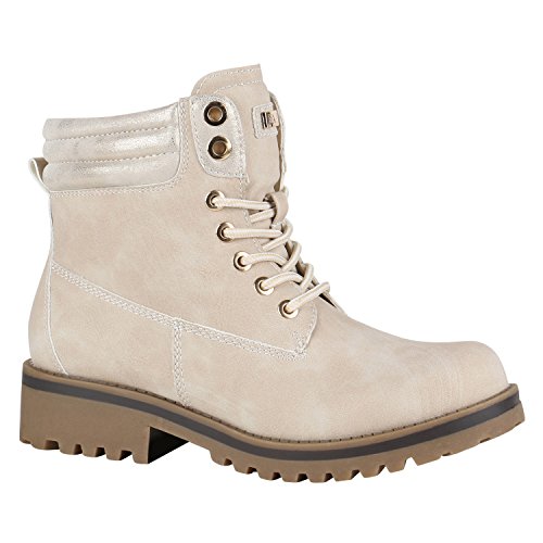 Gefütterte Damen Outdoor Stiefeletten Worker Boots Schuhe 148886 Creme Schnürung 42 Flandell von stiefelparadies