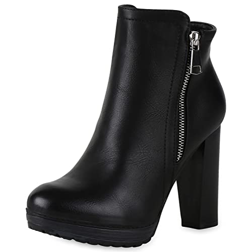 Gefütterte Damen Schuhe Plateau Boots Leder-Optik High Heels Stiefeletten 152121 Schwarz Zipper Brito 36 Flandell von stiefelparadies