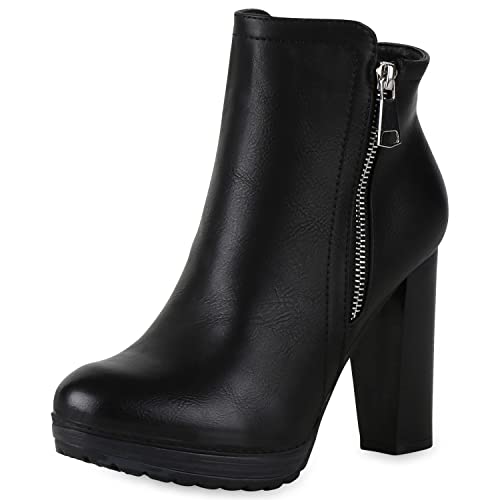 Gefütterte Damen Schuhe Plateau Boots Leder-Optik High Heels Stiefeletten 152121 Schwarz Zipper Brito 41 Flandell von stiefelparadies
