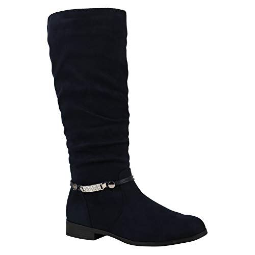 Gefütterte Damen Stiefel Klassische Langschaft Boots Schuhe 149805 Blau Zierperlen 36 Flandell von stiefelparadies