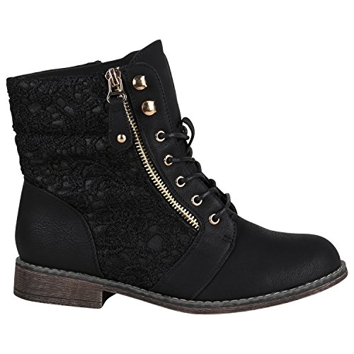 Gefütterte Damen Stiefeletten Worker Boots Zipper Schnürstiefel Schuhe 148835 Schwarz Spitze 39 EU Flandell von stiefelparadies