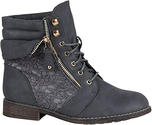 Gefütterte Damen Stiefeletten Worker Boots Zipper Schnürstiefel Schuhe 148837 Grau Spitze 39 EU Flandell von Lupsty