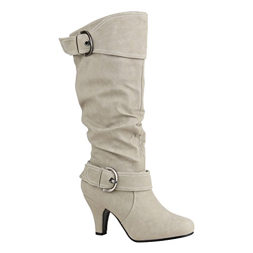 Klassische Damen Schuhe Stiefel Leder-Optik Block Absatz Basic 156984 Creme Arriate 38 Flandell von stiefelparadies