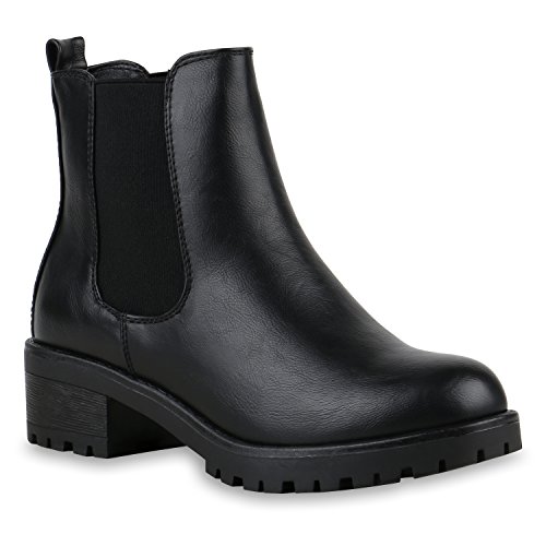 Stiefeletten Damen Chelsea Boots Profilsohle Blockabsatz Leder-Optik Booties Schuhe 122863 Schwarz 40 Flandell von Azinol