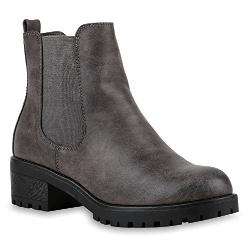 Stiefeletten Damen Chelsea Boots Profilsohle Blockabsatz Leder-Optik Booties Schuhe 122864 Grau 40 Flandell von stiefelparadies