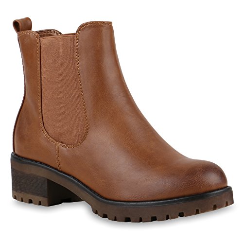 Stiefeletten Damen Chelsea Boots Profilsohle Blockabsatz Leder-Optik Booties Schuhe 122866 Braun 39 Flandell von stiefelparadies