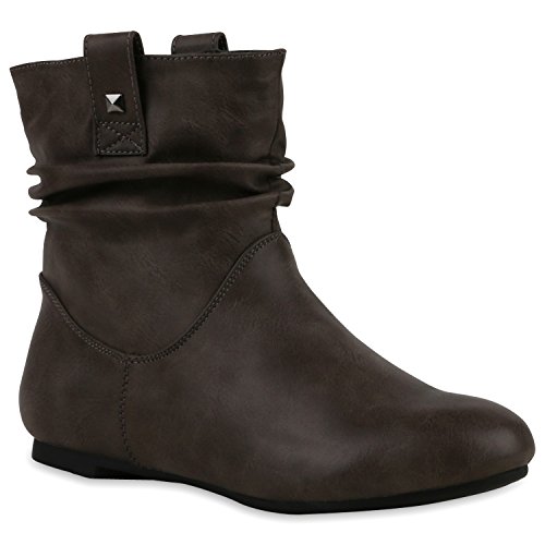 Stiefeletten Damen Schlupfstiefel Schnallen Stiefel Flach Boots Nieten Leder-Optik Schlupfstiefeletten Schuhe 120942 Grau 39 Flandell von stiefelparadies