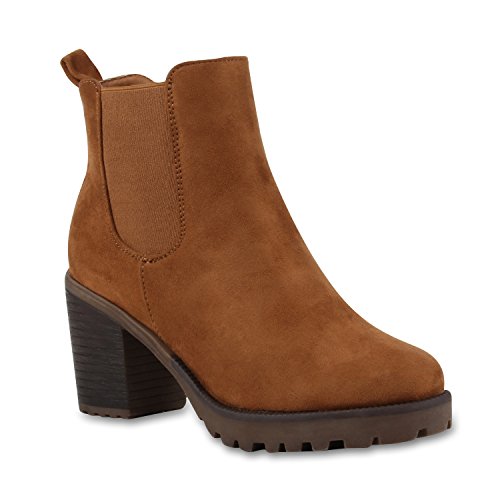 Stylische Damen Boots Stiefeletten Chelsea Boots Knöchelhohe Stiefel Zipper Leder-Optik Booties Schuhe 110405 Hellbraun Braun 38 Flandell von stiefelparadies