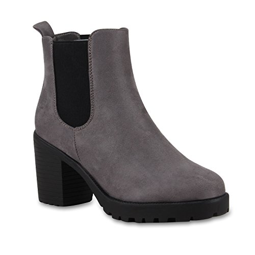 Stylische Damen Boots Stiefeletten Chelsea Boots Knöchelhohe Stiefel Zipper Leder-Optik Booties Schuhe 110406 Grau Schwarz 38 Flandell von stiefelparadies