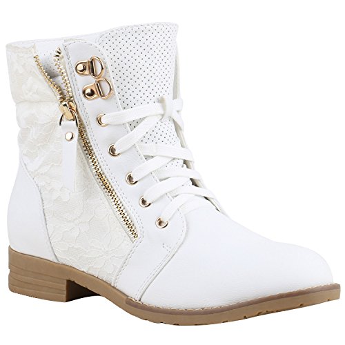 Stylische Damen Stiefeletten Worker Boots Knöchelhohe Stiefel Gesteppt Damen Leder-Optik Zipper Ketten Schuhe 134634 Weiss 37 Flandell von stiefelparadies