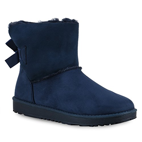 Warm Gefütterte Boots Damen Stiefeletten Schleifen Kunstfell Schlupfstiefel Schlupfstiefeletten Schuhe 129636 Dunkelblau Schleife 37 Flandell von stiefelparadies