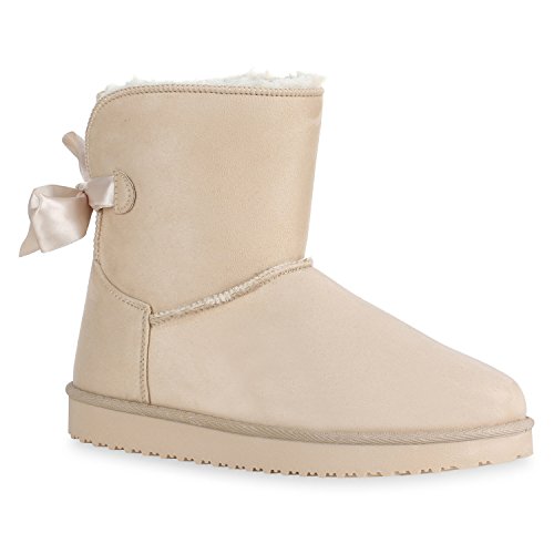 Warm Gefütterte Damen Schuhe Stiefeletten Schlupfstiefel Boots Schleifen 128600 Creme Berkley 40 Flandell von stiefelparadies