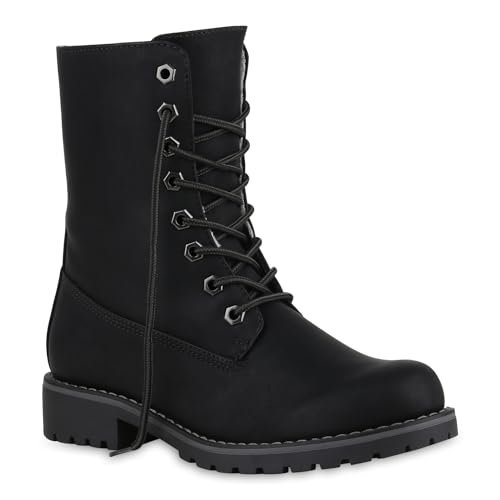 Warm Gefütterte Damen Stiefeletten Worker Boots Kunstfell Schuhe 125211 Schwarz Glatt 37 Flandell von Lupsty