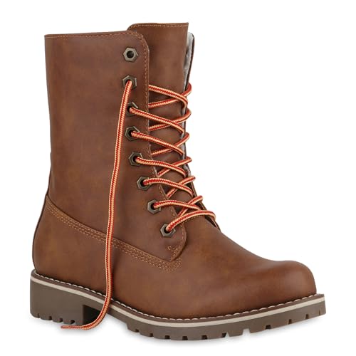 Warm Gefütterte Damen Stiefeletten Worker Boots Kunstfell Schuhe 125212 Braun Glatt 37 Flandell von stiefelparadies