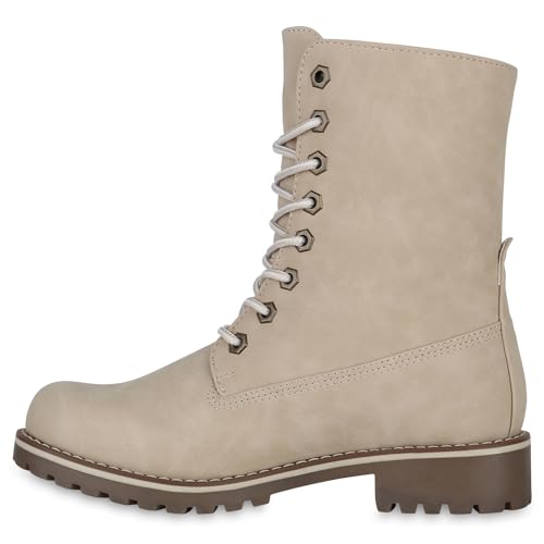 Warm Gefütterte Damen Stiefeletten Worker Boots Kunstfell Schuhe 125213 Creme Glatt 38 Flandell von stiefelparadies