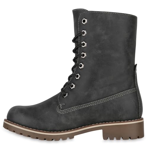 Warm Gefütterte Damen Stiefeletten Worker Boots Kunstfell Schuhe 125215 Grau Glatt 39 Flandell von stiefelparadies