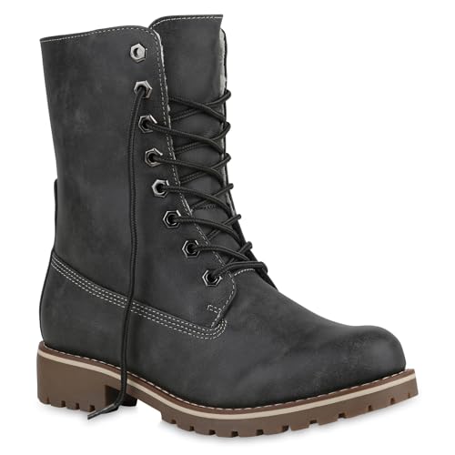 Warm Gefütterte Damen Stiefeletten Worker Boots Kunstfell Schuhe 125215 Grau Glatt 40 Flandell von stiefelparadies