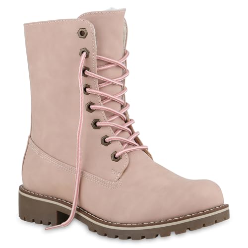 Warm Gefütterte Damen Stiefeletten Worker Boots Kunstfell Schuhe 145330 Rosa Glatt 36 Flandell von stiefelparadies
