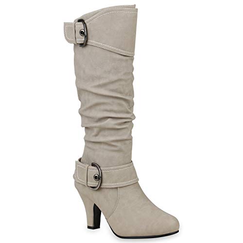 Warm Gefütterte Stiefel Damen Winter Boots Elegante Schnallen Trichterabsatz Wildleder-Optik Booties 128635 Creme 39 Flandell von stiefelparadies