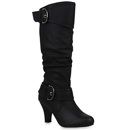 Warm Gefütterte Stiefel Damen Winter Boots Elegante Schnallen Trichterabsatz Wildleder-Optik Booties 42738 Schwarz Schnallen 39 Flandell von stiefelparadies