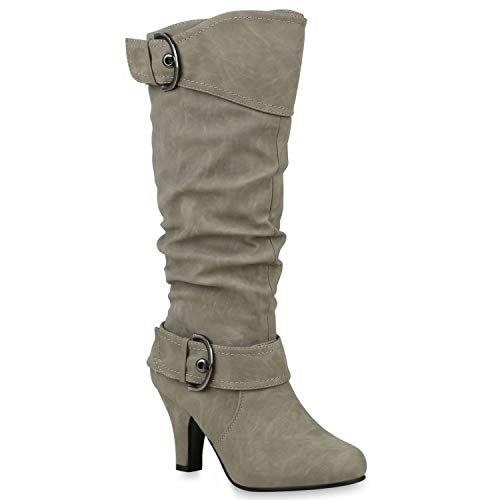 Warm Gefütterte Stiefel Damen Winter Boots Elegante Schnallen Trichterabsatz Wildleder-Optik Booties 42739 Hellgrau 39 Flandell von stiefelparadies