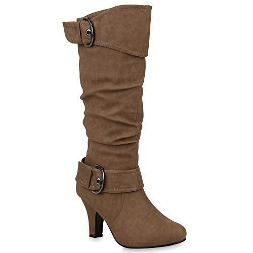 Warm Gefütterte Stiefel Damen Winter Boots Elegante Schnallen Trichterabsatz Wildleder-Optik Booties 42740 Khaki 36 Flandell von stiefelparadies