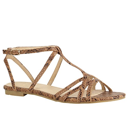 stiefelparadies Bequeme Damen Riemchensandalen Quasten Ethno Design Sandalen 155319 Braun Prints 41 Flandell von stiefelparadies