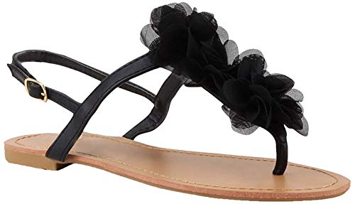 stiefelparadies Damen Dianetten Blumen Sandalen Zehentrenner Sommer Flats Beach Zierperlen Schuhe 114994 Schwarz 37 Flandell von stiefelparadies