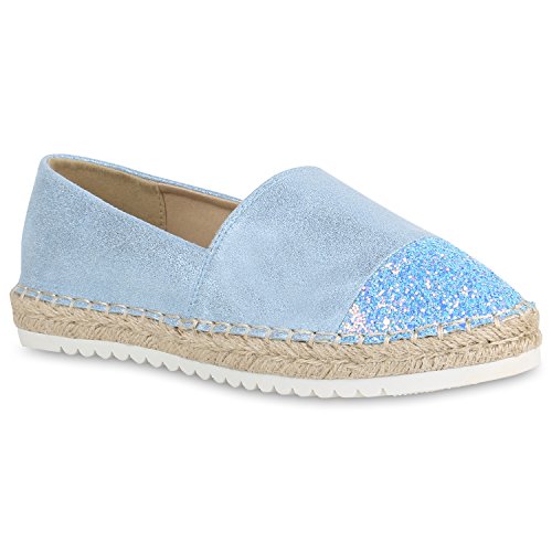 stiefelparadies Damen Espadrilles Glitzer Slippers Plateau Schuhe Metallic Flats 154879 Blau Berkley 37 Flandell von stiefelparadies