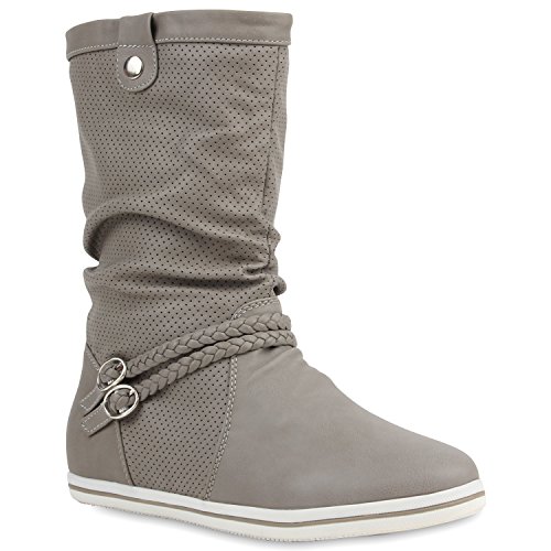 stiefelparadies Damen Flache Schlupfstiefel Boots 104092 Hellgrau 38 Flandell von Xamic