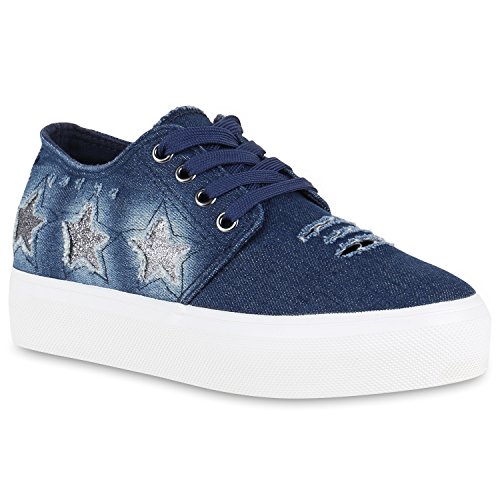 stiefelparadies Damen Plateau Sneaker Prints Plateau 90s Look Sneakers Stoff Schnürer Prints Blumen Lack Schuhe 137563 Dunkelblau Carlton 36 Flandell von stiefelparadies