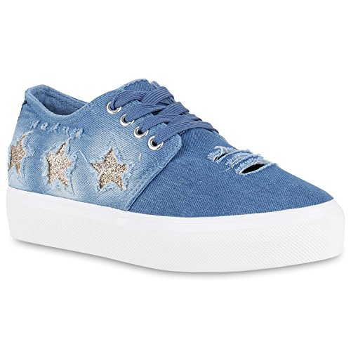 stiefelparadies Damen Plateau Sneaker Prints Plateau 90s Look Sneakers Stoff Schnürer Prints Blumen Lack Schuhe 137564 Hellblau Carlton 36 Flandell von stiefelparadies