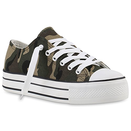 stiefelparadies Damen Plateau Sneaker Prints Plateau 90s Look Sneakers Stoff Schnürer Prints Blumen Lack Schuhe 143557 Camouflage Plateau 36 Flandell von stiefelparadies