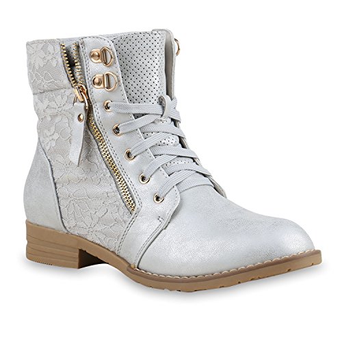 stiefelparadies Damen Schnürstiefeletten Worker Boot Spitze Zipper 134632 Silber 39 Flandell von stiefelparadies