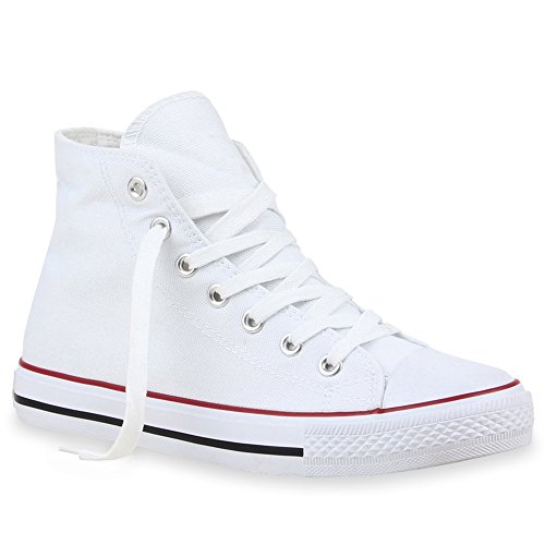 stiefelparadies Damen Schuhe High Top Sneakers Sportschuhe Schnürer Kult 101625 Weiss Rot 40 Flandell von stiefelparadies