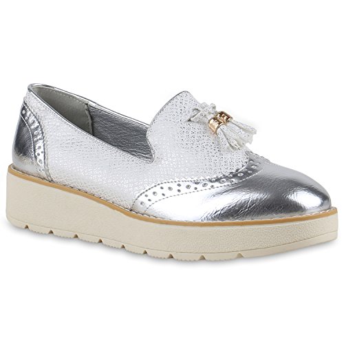 stiefelparadies Damen Slipper Lack Plateau Loafers Metallic Loafer Flats Glitzer Slippers Quasten Lochung Schuhe 128749 Silber Quasten 39 Flandell von stiefelparadies