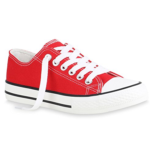 stiefelparadies Damen Sneaker Low Basic Turnschuhe Freizeit Schnürer Stoff Schuhe 156274 Rot Brooklyn 36 Flandell von stiefelparadies
