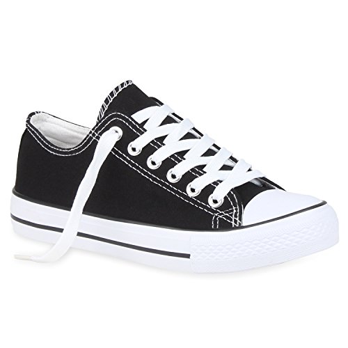 stiefelparadies Damen Sneaker Low Sport Freizeit Sneakers Denim Stoff Schnürer Schnür Bequem Flats Damen Übergrößen Schuhe 106043 Schwarz 40 Flandell von stiefelparadies