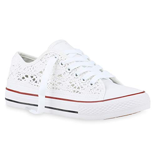 stiefelparadies Damen Sneaker Low Turnschuhe Schnürer Spitzenstoff Schuhe Modische Stoff Freizeitschuhe 184949 Weiss Spitze 37 Flandell von stiefelparadies