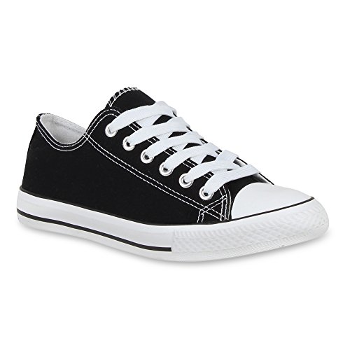 stiefelparadies Damen Sneakers Kult Sport Stoff Schnürer Gr. 36-41 Schuhe 48624 Schwarz Weiss 45 Flandell von stiefelparadies