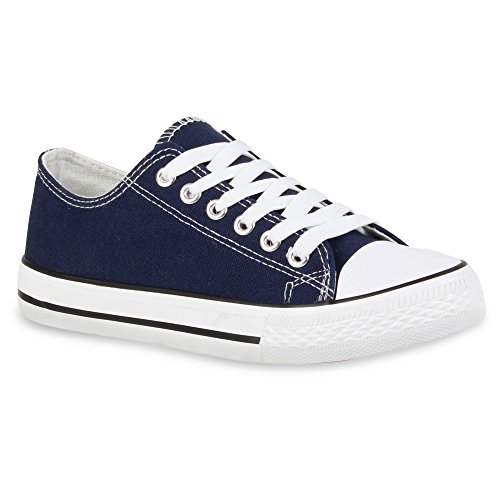 stiefelparadies Damen Sneakers Spitze Denim Sport Strass Stoff Blumen Prints Textil Sneaker Low Schuhe 50455 Dunkelblau 37 Flandell von stiefelparadies