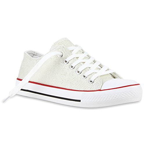 stiefelparadies Damen Sneakers Spitze Sneaker Stoff Sport Basic Freizeit Schuhe 118856 Creme Glitzer 36 Flandell von stiefelparadies