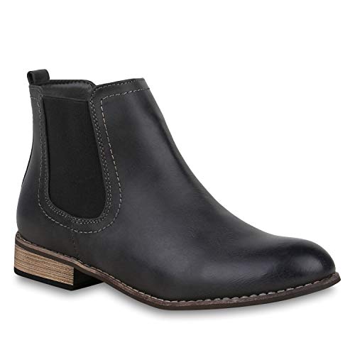 stiefelparadies Damen Stiefeletten Chelsea Boots Gefütterte Ankle Booties Leder-Optik Schuhe Klassisch 121389 Grau Agueda 39 Flandell von stiefelparadies