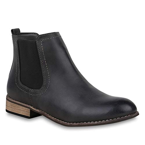 stiefelparadies Damen Stiefeletten Chelsea Boots Gefütterte Ankle Booties Leder-Optik Schuhe Klassisch 121389 Grau Agueda 41 Flandell von stiefelparadies