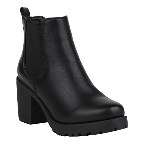 stiefelparadies Damen Stiefeletten Chelsea Boots Gefütterte Booties Leder-Optik Schuhe Mid Heels Profilsohle 125256 Schwarz Glatt 37 Flandell von stiefelparadies