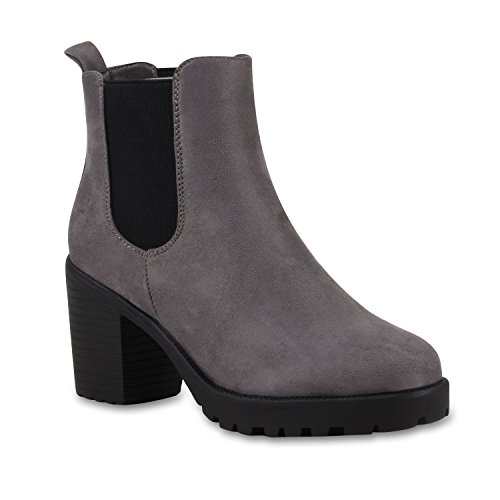 stiefelparadies Damen Stiefeletten Chelsea Boots Wildleder-Optik Schuhe High Heel Booties Kurzschaft-Stiefel Profilsohle 110409 Grau 37 Flandell von stiefelparadies