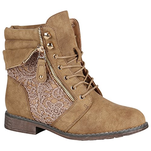 stiefelparadies Damen Stiefeletten Schnürstiefeletten Gefütterte Schuhe Spitze Zipper Boots Schnürboots 148832 Khaki Spitze Carlet 38 Flandell von stiefelparadies