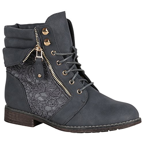 stiefelparadies Damen Stiefeletten Schnürstiefeletten Gefütterte Schuhe Spitze Zipper Boots Schnürboots 148833 Grau Spitze Carlet 39 Flandell von stiefelparadies